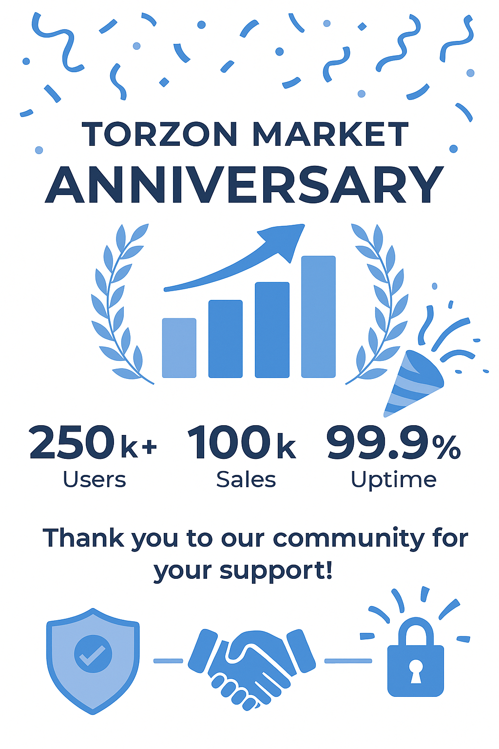 Celebratory illustration for Torzon Market's anniversary showing growth statistics, milestone achievements, and community appreciation elements with blue and white color scheme