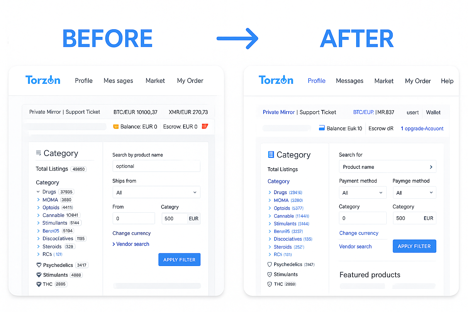 Screenshot showing before and after comparison of Torzon Market's user interface redesign with improved navigation, cleaner layout, and enhanced visual elements