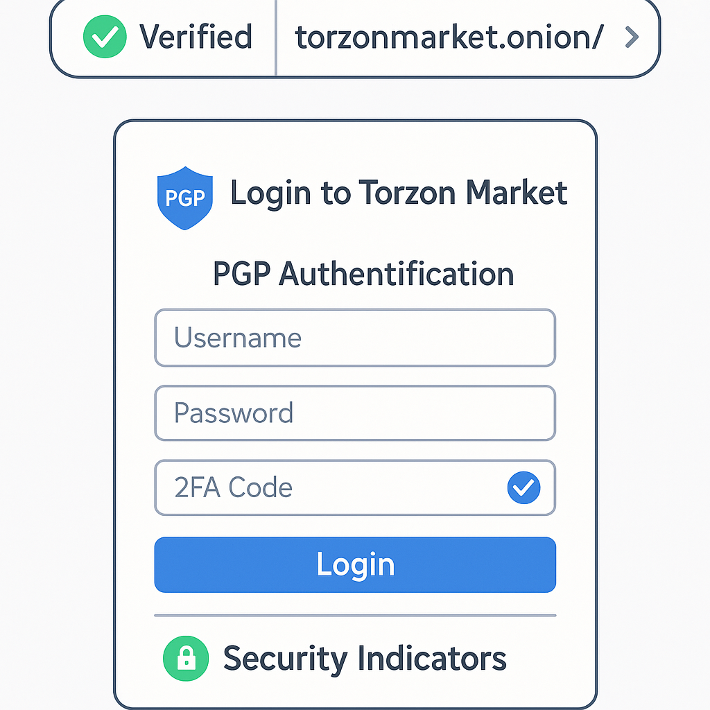 Illustration showing the Torzon Market login page with security features highlighted, including URL verification, PGP authentication, and 2FA login process with security indicators