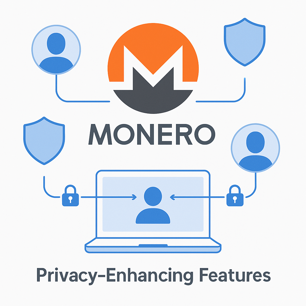 Illustration showing Monero cryptocurrency logo with privacy-enhancing features visualized as shields and encrypted connections between users