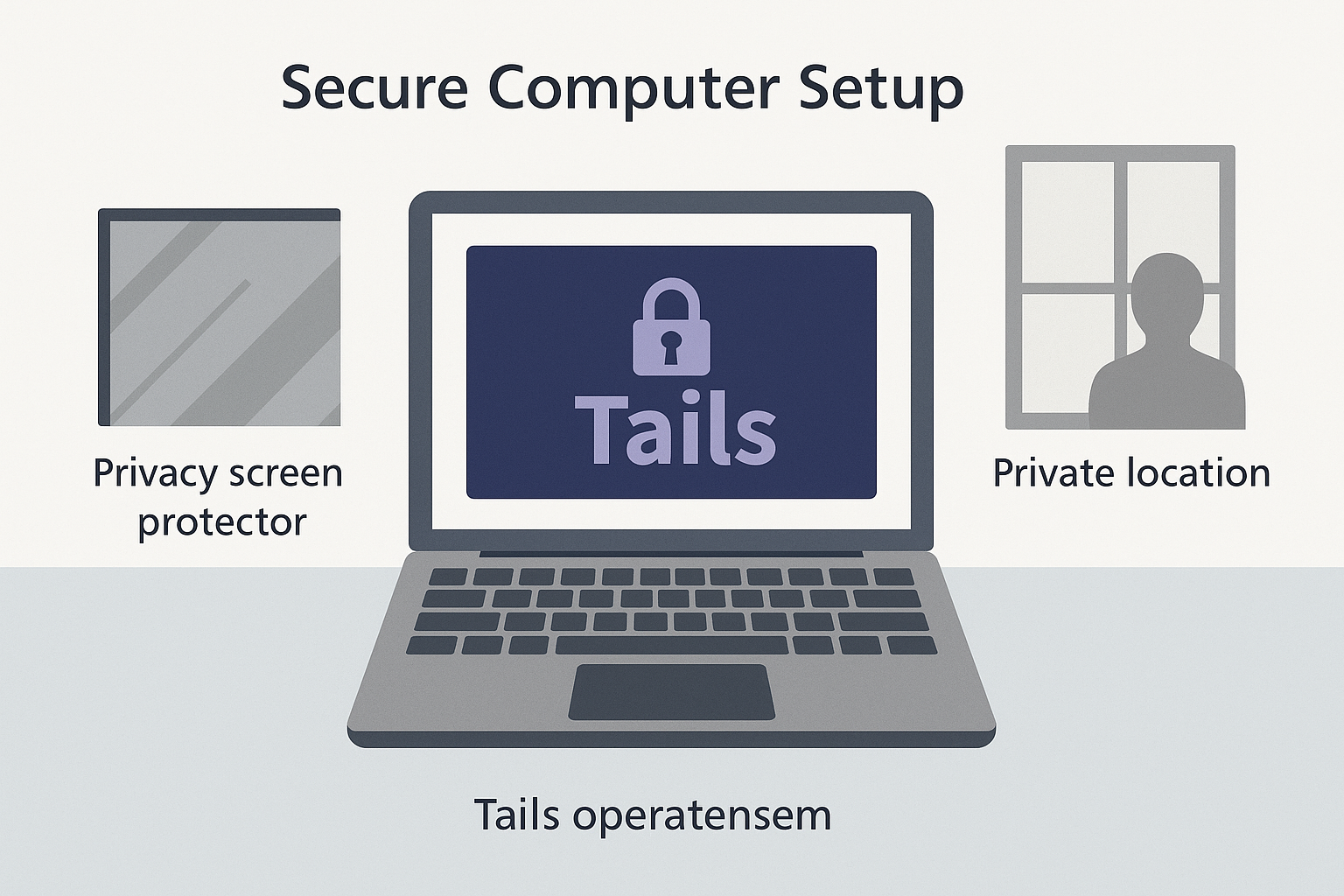 Illustration of a secure computer setup showing a laptop running Tails OS with privacy screen protector, in a private location away from cameras and other people