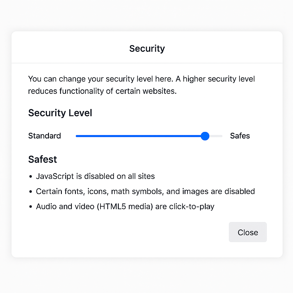 Screenshot of Tor Browser security settings panel showing the security level slider set to 'Safest' with JavaScript disabled and other security features enabled