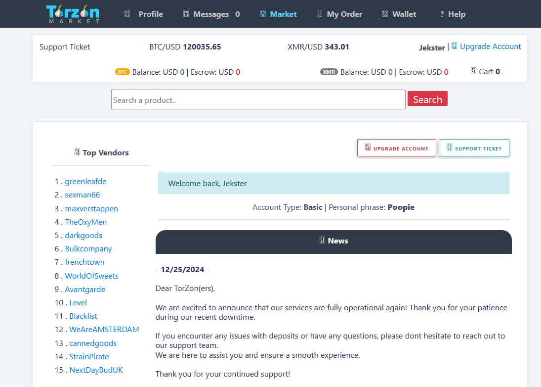 Screenshot of Torzon Market interface showing the marketplace homepage with product categories, search functionality, and vendor listings in a dark-themed UI with blue accents