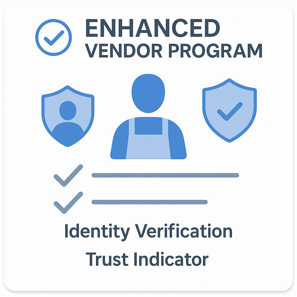 Illustration showing a vendor verification process with checkmarks, identity verification symbols, and trust indicators representing Torzon's enhanced vendor program